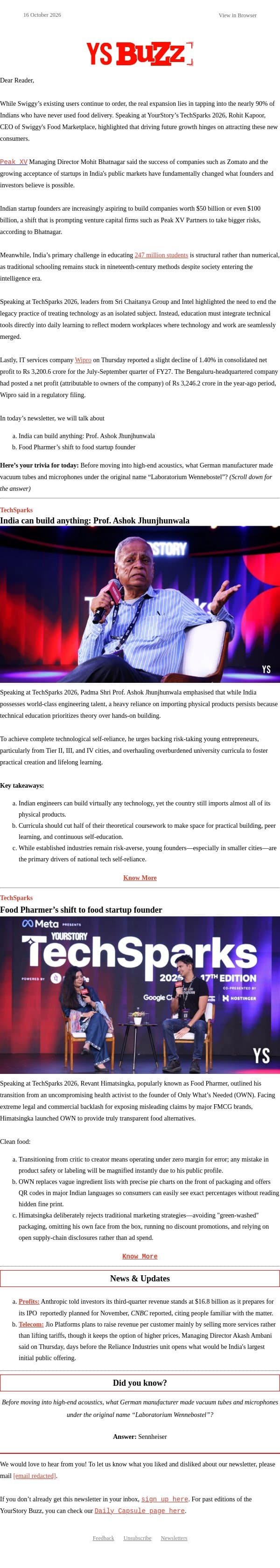 💪 India can build any tech: Padma Shri Prof. Jhunjhunwala email from YourStory screenshot