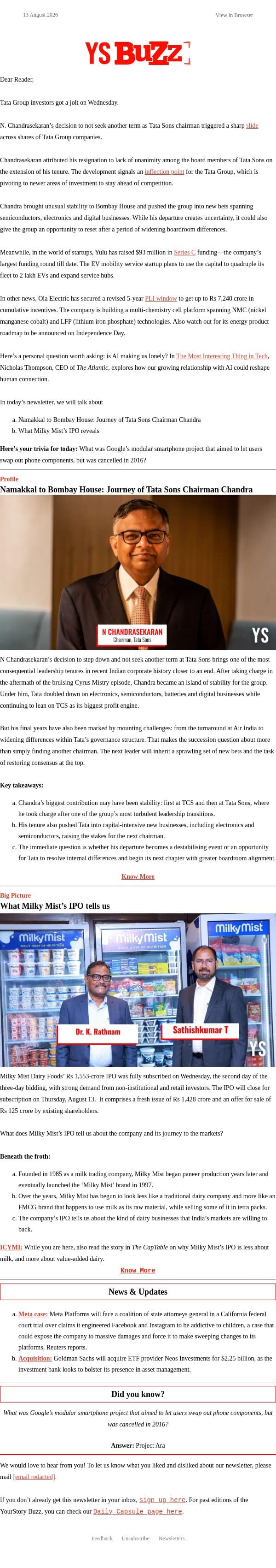 đź‘‹ Why Chandra is leaving Tata, and what happens next email from YourStory screenshot