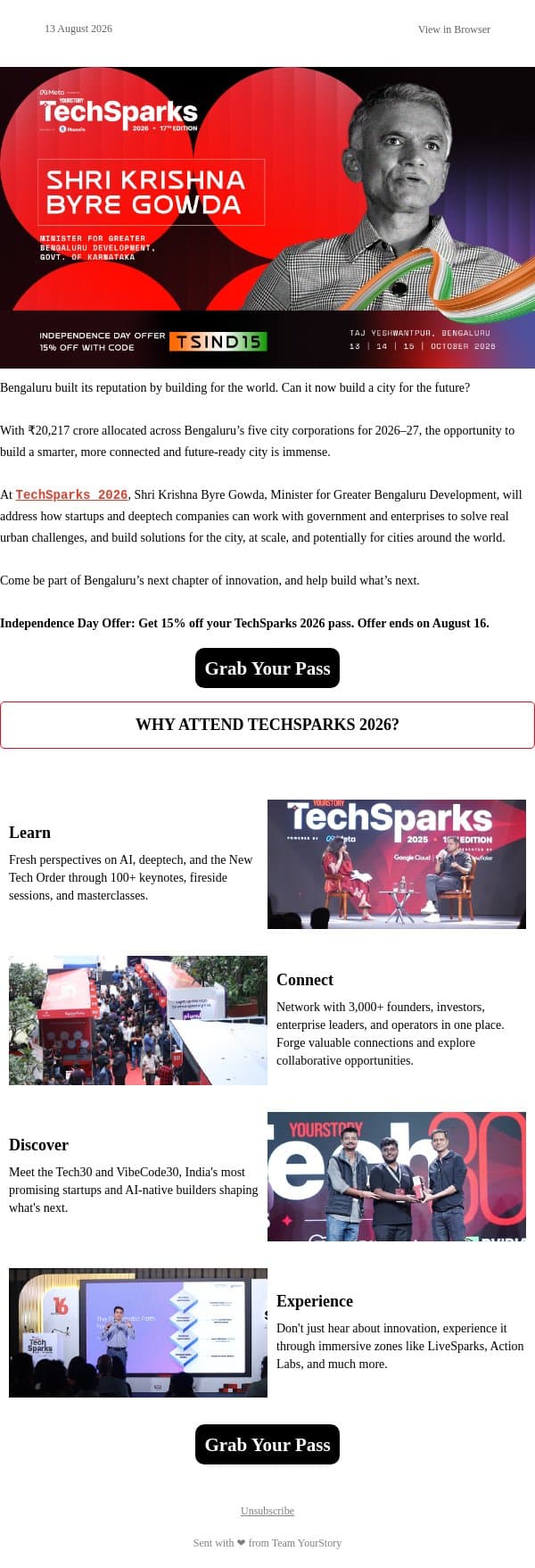 Shri Krishna Byre Gowda on building Bengaluru’s future email from YourStory screenshot