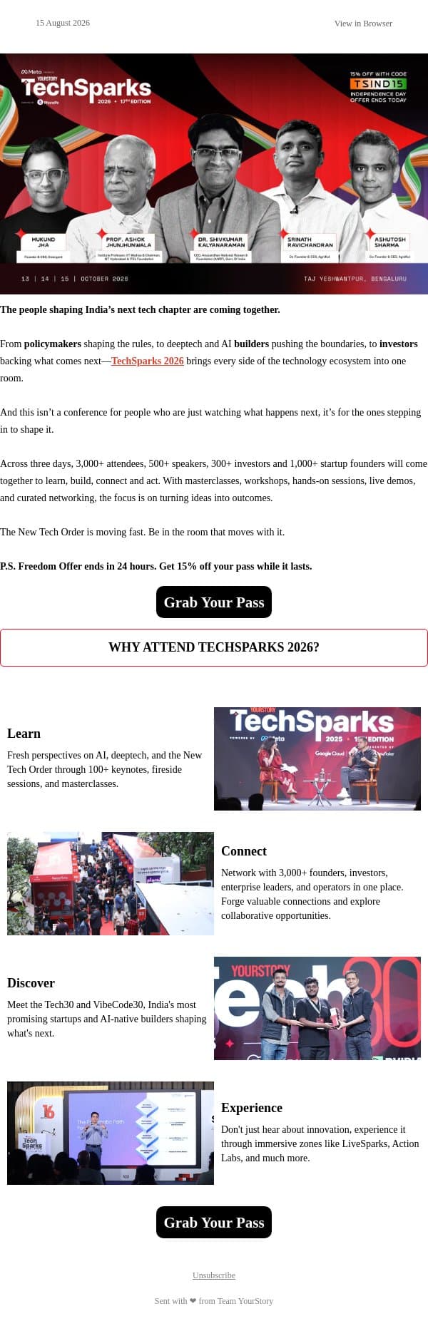 Come build what’s next. Freedom Offer ends today. email from YourStory screenshot