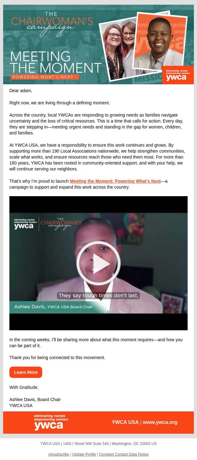 Meeting the Moment: Powering What’s Next email from YWCA USA screenshot