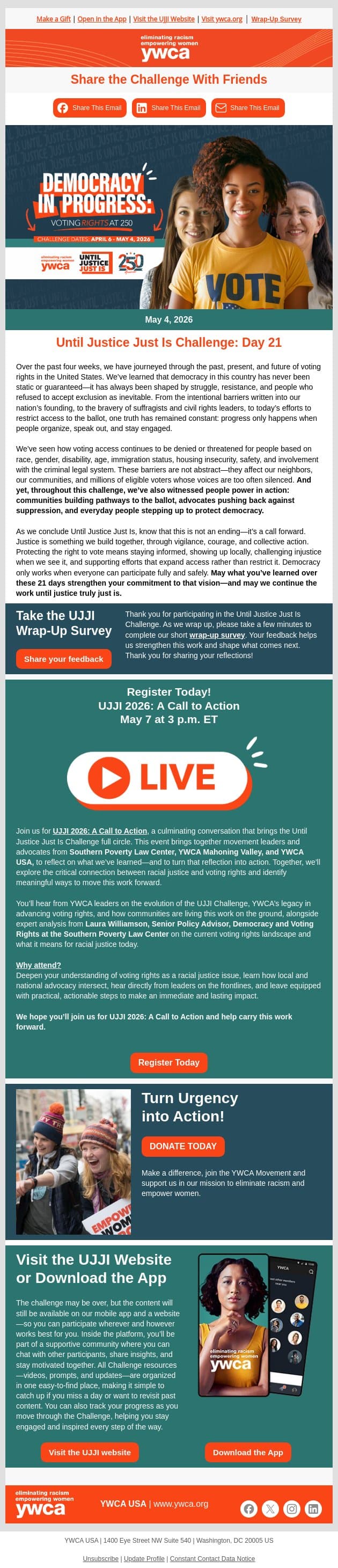 Day 21: Until Justice Just Is Challenge email from YWCA USA screenshot