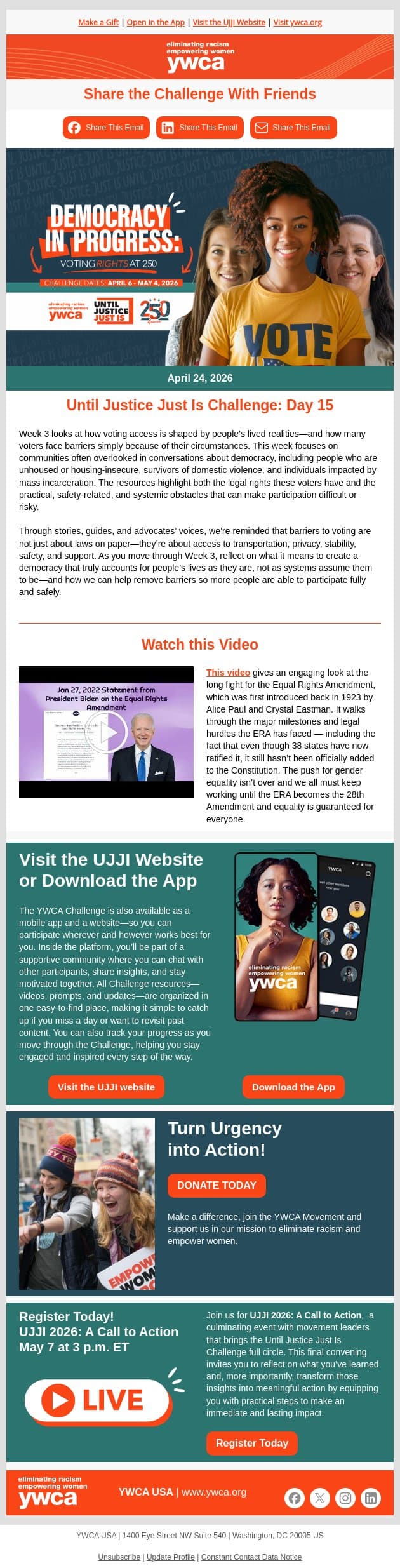 Day 15: Until Justice Just Is Challenge email from YWCA USA screenshot