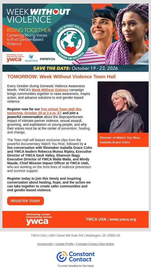 Tomorrow: Week Without Violence Town Hall email from YWCA USA screenshot