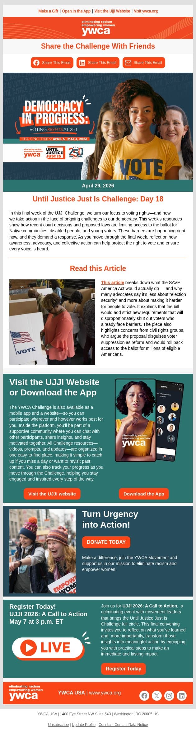 Day 18: Until Justice Just Is Challenge email from YWCA USA screenshot