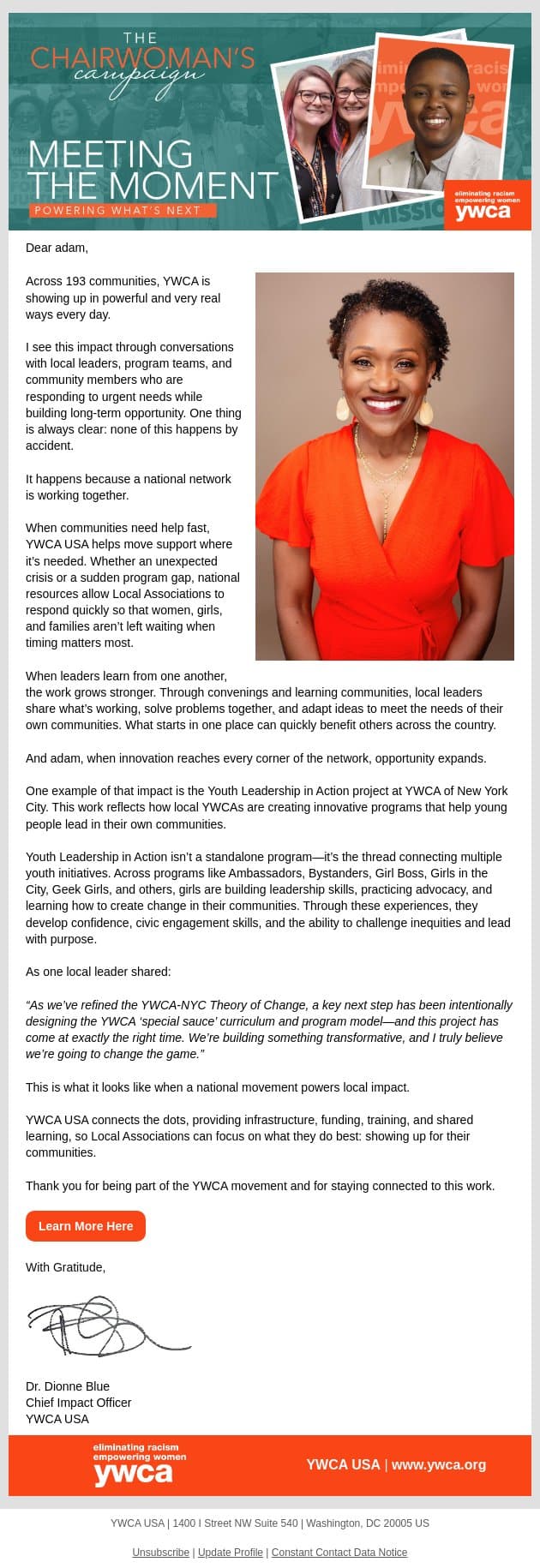 Keeping Impact Moving Across Our Network email from YWCA USA screenshot