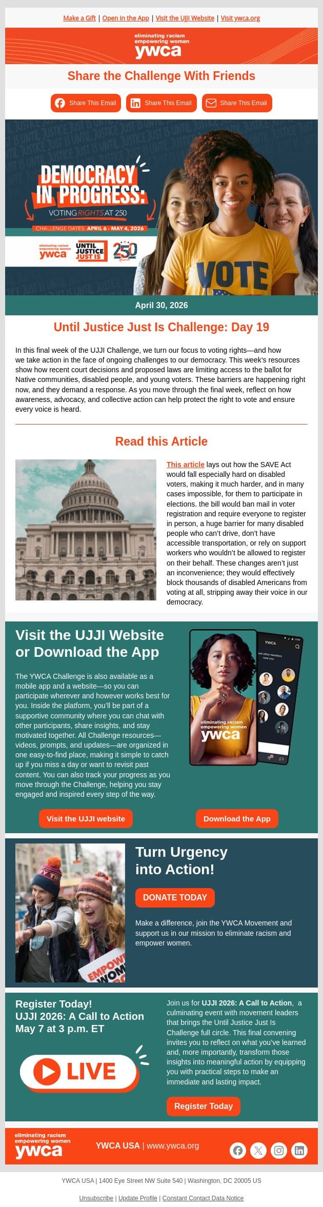 Day 19: Until Justice Just Is Challenge email from YWCA USA screenshot