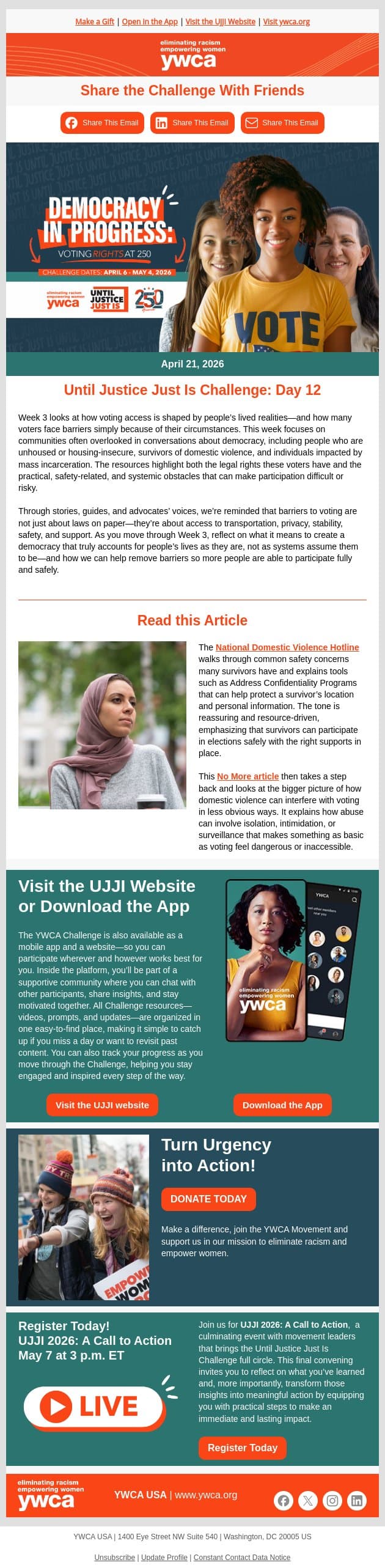 Day 12: Until Justice Just Is Challenge email from YWCA USA screenshot