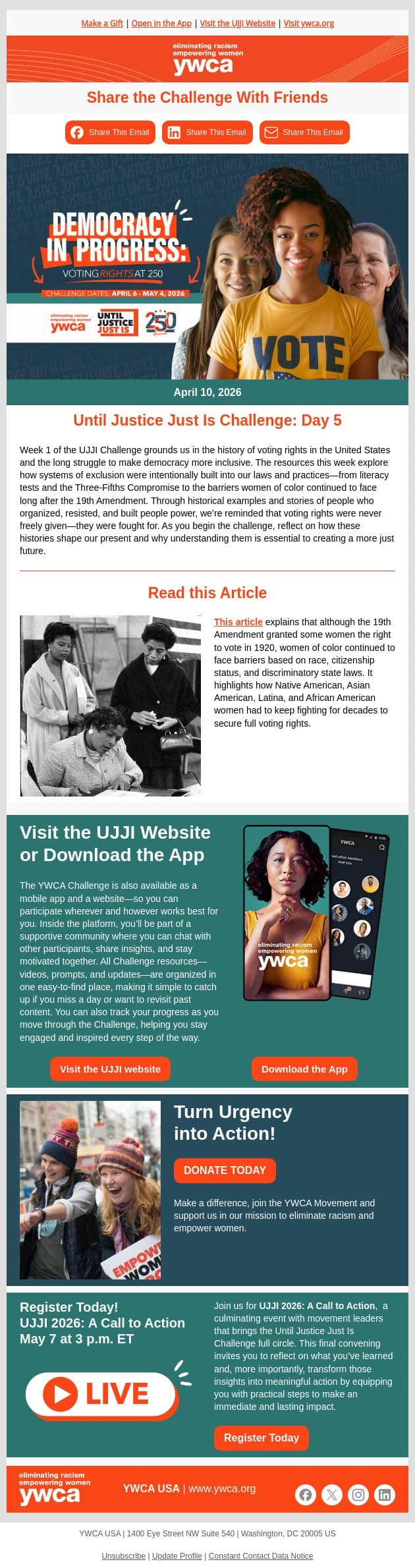 Day 5: Until Justice Just Is Challenge email from YWCA USA screenshot