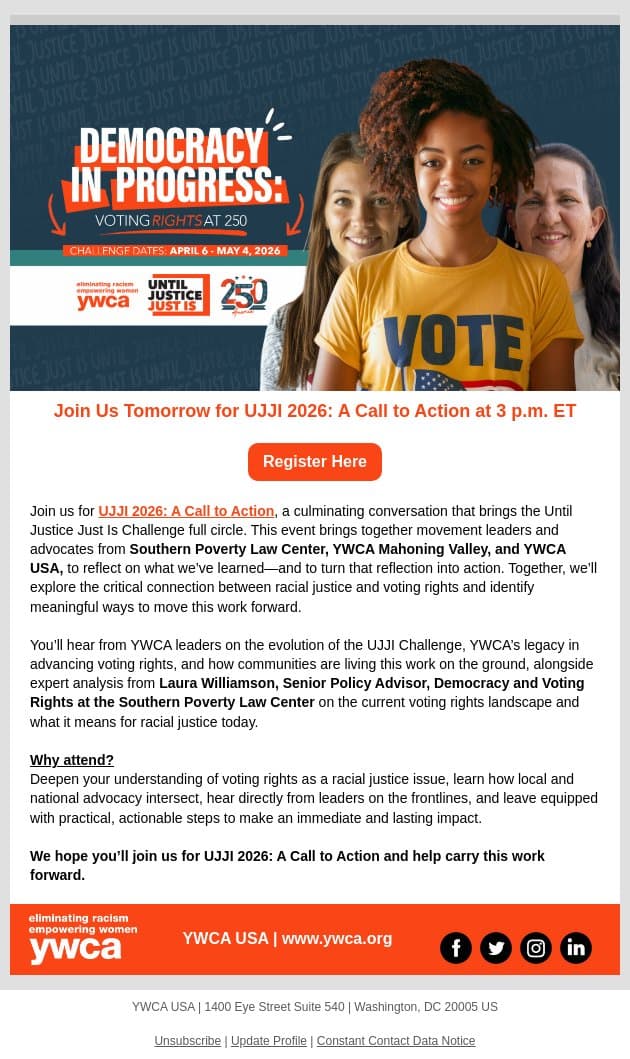 Join Us Tomorrow for UJJI 2026: A Call to Action email from YWCA USA screenshot