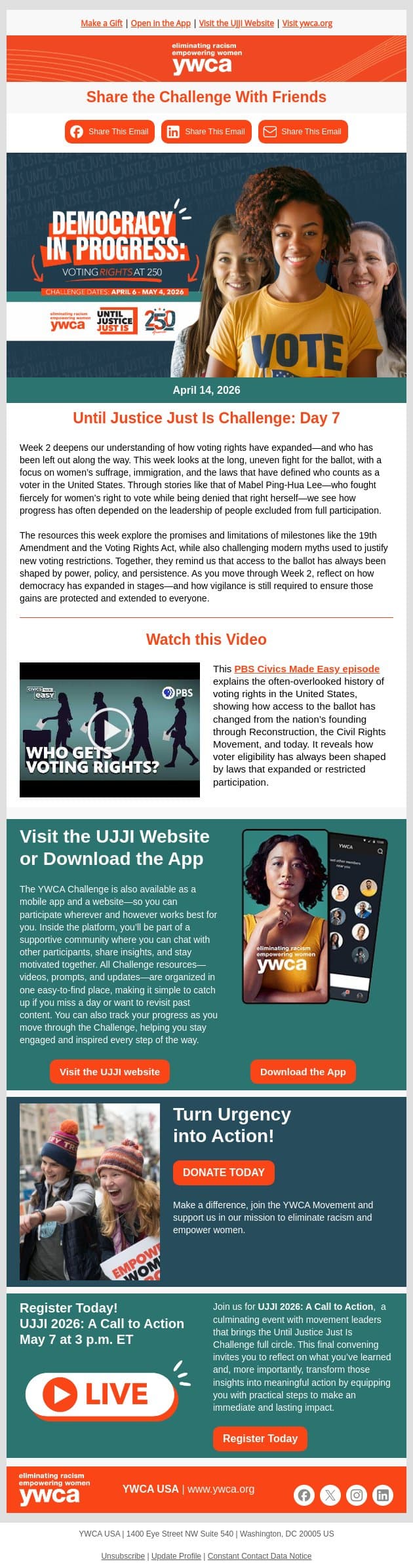 Day 7: Until Justice Just Is Challenge 2026 email from YWCA USA screenshot