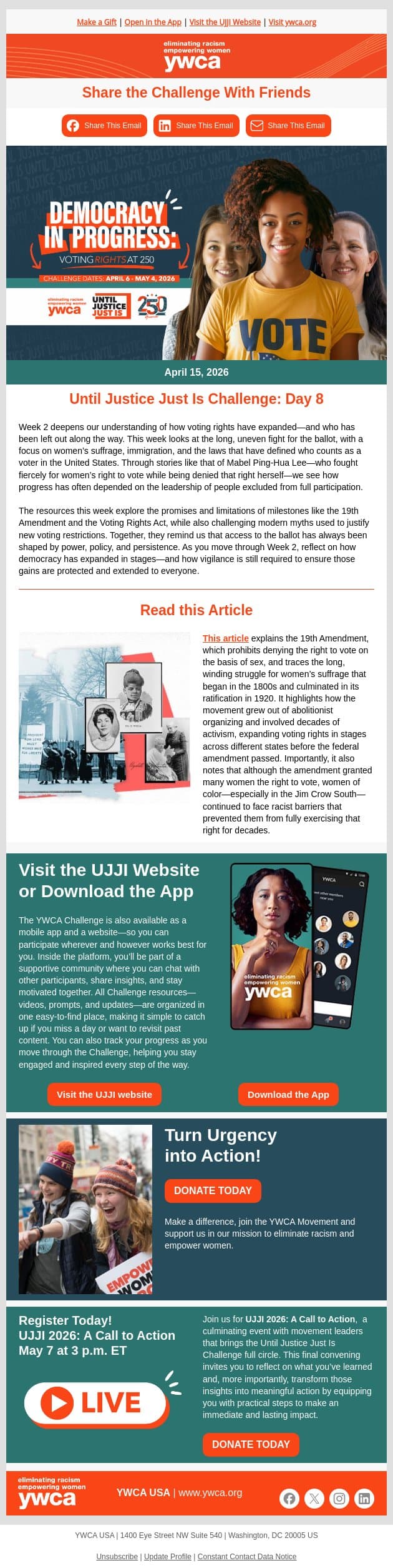Day 8: Until Justice Just Is Challenge email from YWCA USA screenshot