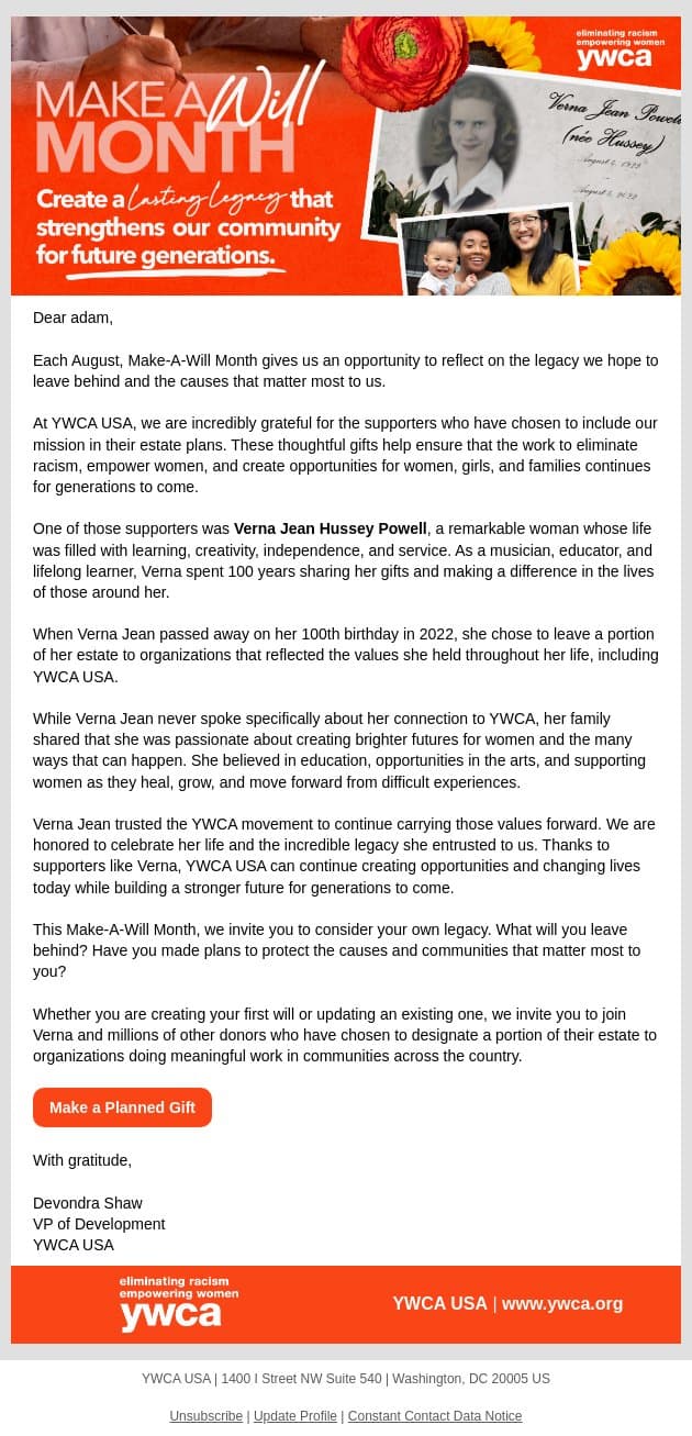 A Legacy That Will Empower Future Generations email from YWCA USA screenshot