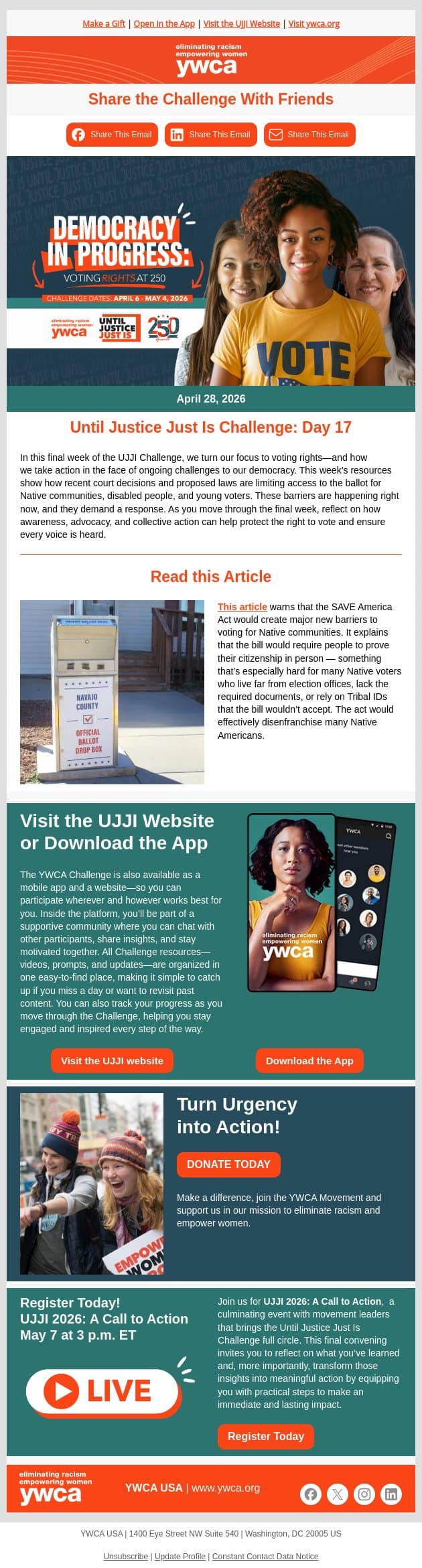 Day 17: Until Justice Just Is Challenge email from YWCA USA screenshot