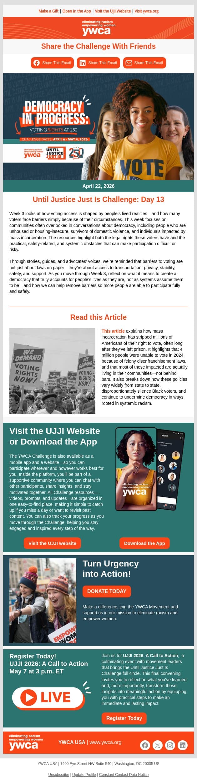 Day 13: Until Justice Just Is Challenge email from YWCA USA screenshot
