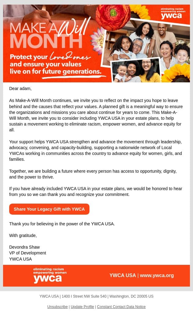 Your Legacy Can Advance the YWCA USA Mission email from YWCA USA screenshot