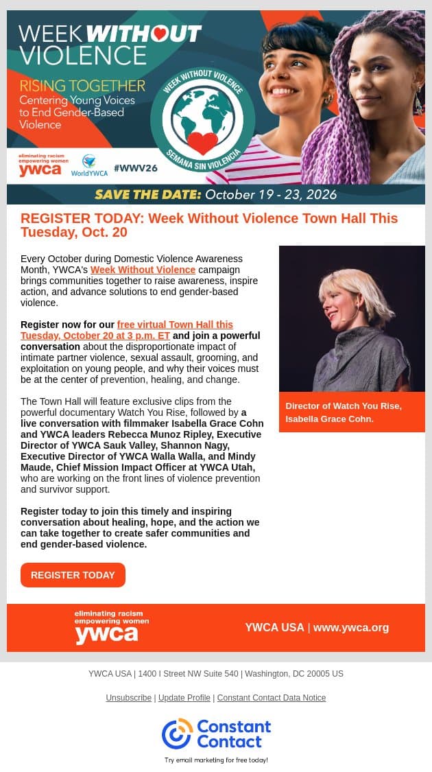 REGISTER TODAY: Week Without Violence Town Hall This Tuesday, Oct. 20 email from YWCA USA screenshot