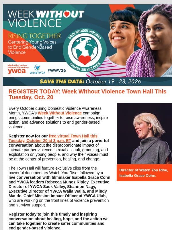 REGISTER TODAY: Week Without Violence Town Hall This Tuesday, Oct. 20 email from YWCA USA
