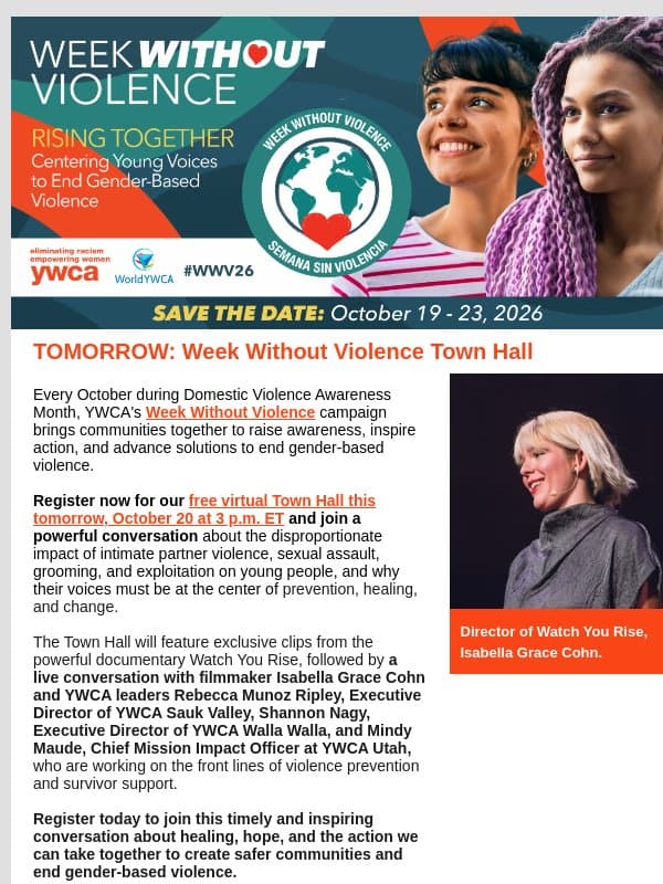 Tomorrow: Week Without Violence Town Hall email from YWCA USA