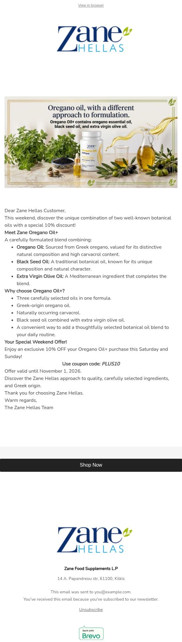 Discover Oregano Oil+ and Enjoy 10% OFF This Weekend! email from Zane Hellas screenshot