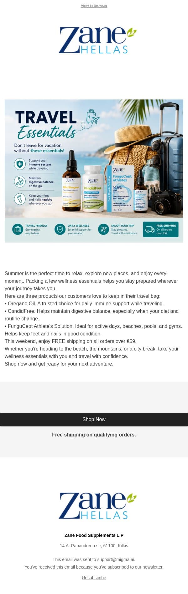 Don't Leave for Vacation Without These Essentials email from Zane Hellas screenshot