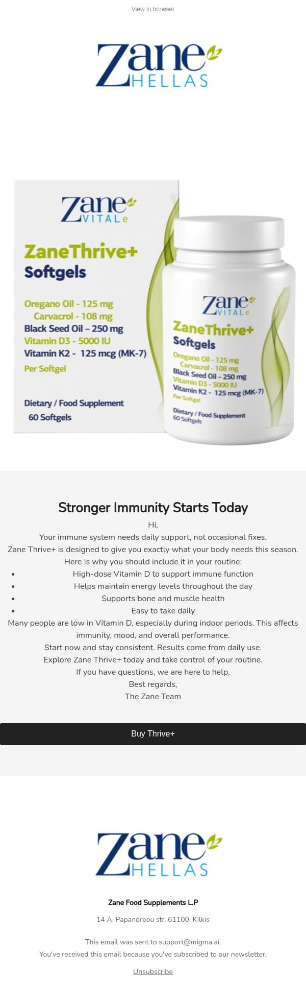 Stronger Immunity Starts Today email from Zane Hellas screenshot