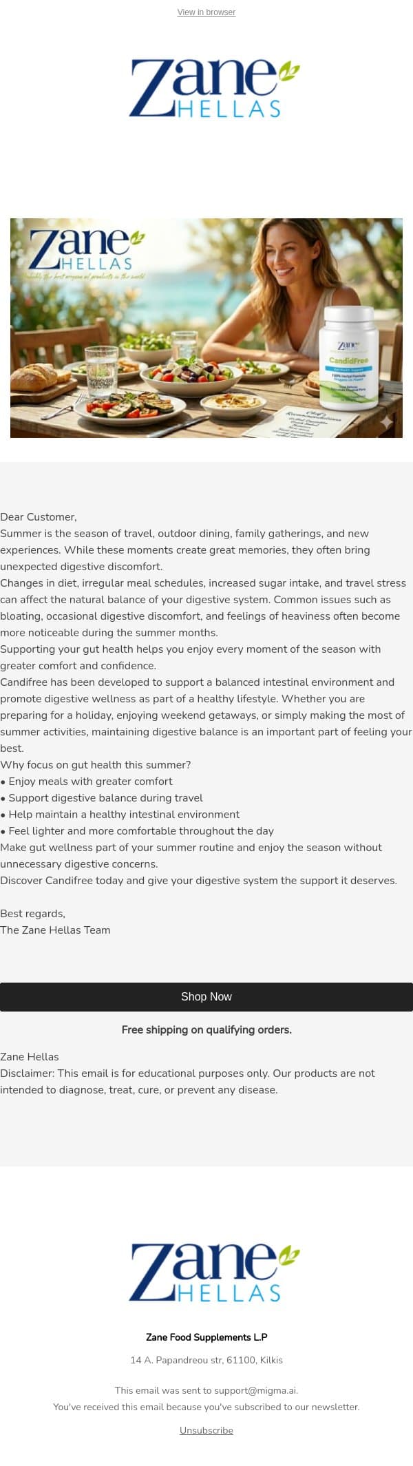 Keep Your Gut Happy This Summer email from Zane Hellas screenshot