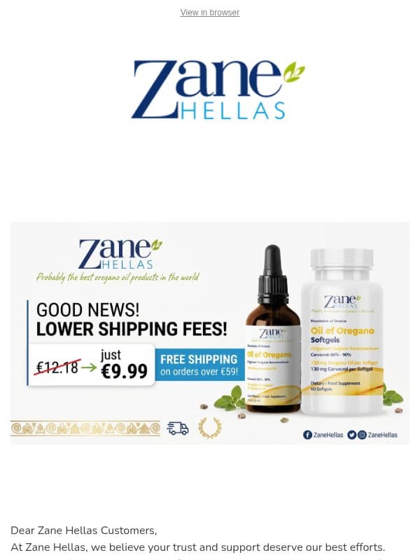 Good News! Lower Shipping Costs for Zane Hellas Customers email from Zane Hellas