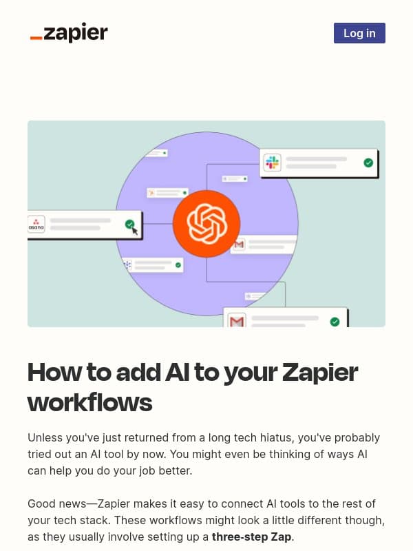 Try out AI workflows in 3 easy steps email from Zapier