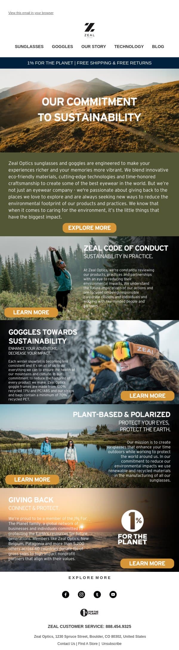 Our Commitment to Sustainability email from Zeal Optics screenshot