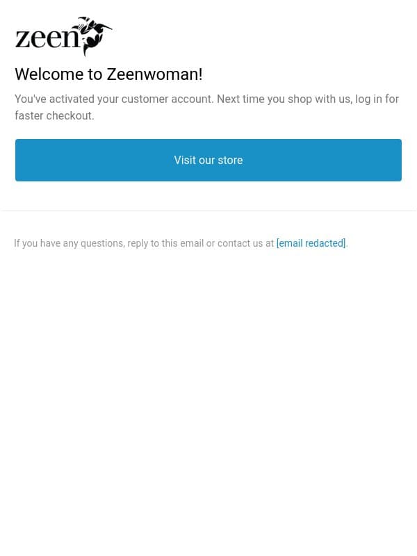 Customer account confirmation email from Zeen