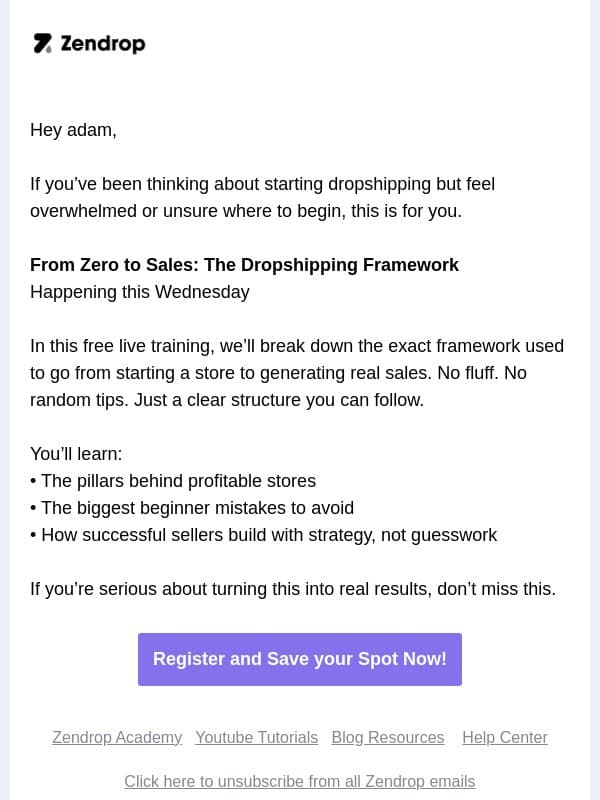 From Zero to Sales — Live Training This Week email from Zendrop