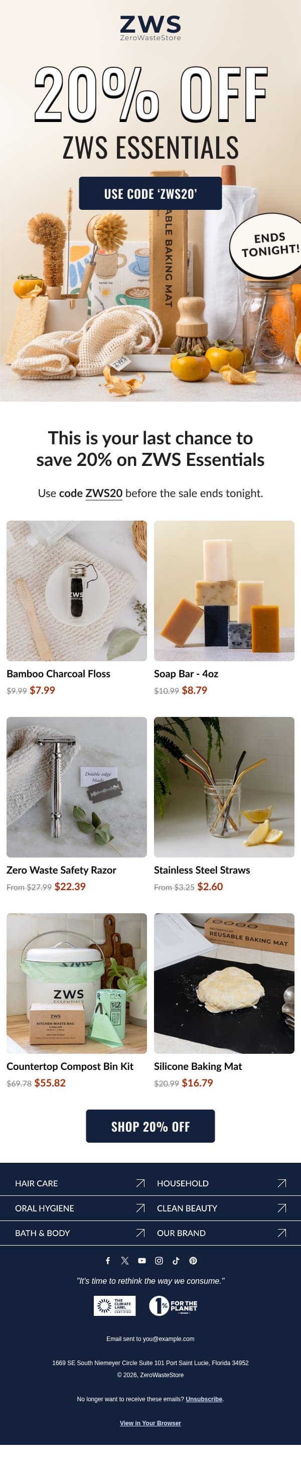 Last chance: 20% off ends tonight 🚨 email from Zero Waste Store screenshot