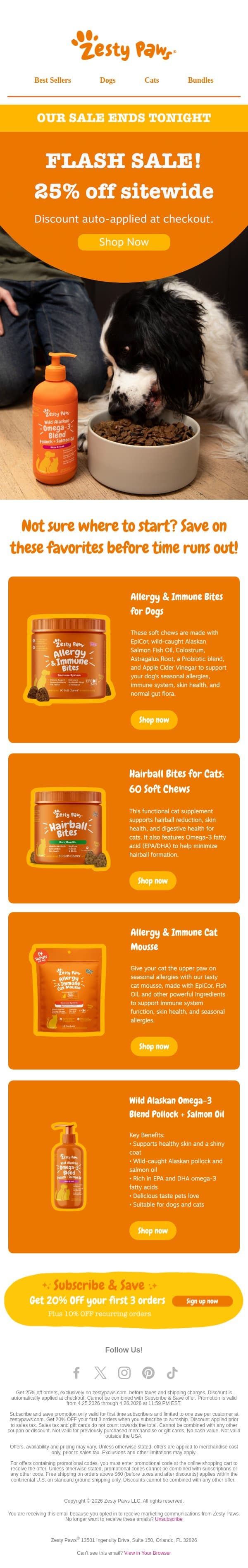 🌟 25% OFF ends tonight‼️ 🛒 email from Zesty Paws screenshot