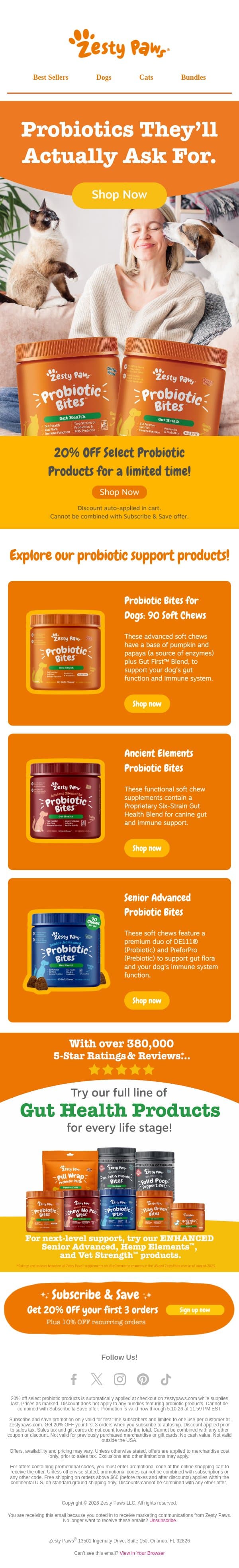πΆ 20% OFF select probiotic picks! π± email from Zesty Paws screenshot