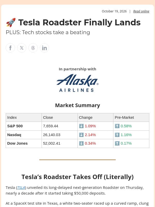 🚀 Tesla Roadster Finally Lands email from Ziggma
