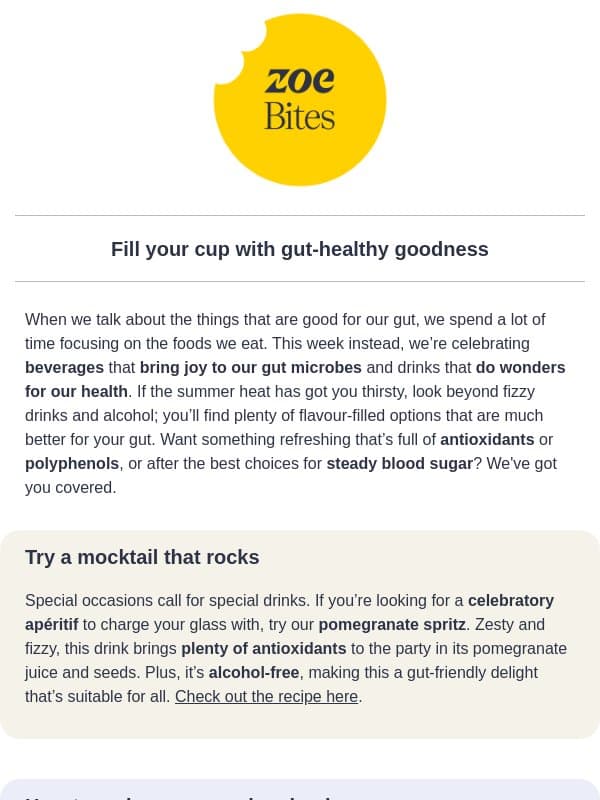 Gut-positive mocktail and kombucha recipes email from ZOE