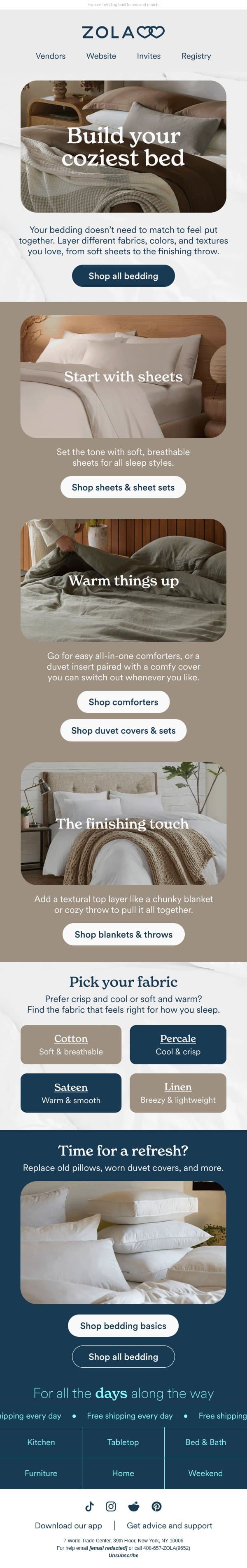 Layer your way to a cozier snooze 😴 email from Zola screenshot