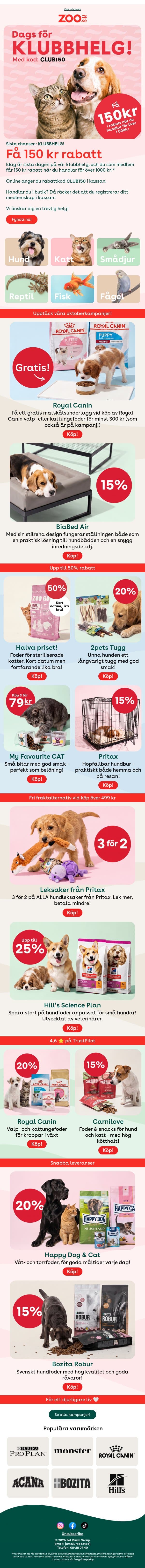 Varsågod: 150 kr rabatt! 🐾 email from Zoo.se screenshot