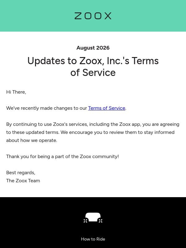 Updates to Zoox, Inc.'s Terms of Service email from Zoox