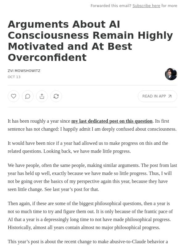Arguments About AI Consciousness Remain Highly Motivated and At Best Overconfident email from Zvi Mowshowitz