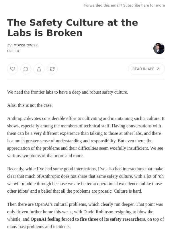 The Safety Culture at the Labs is Broken email from Zvi Mowshowitz