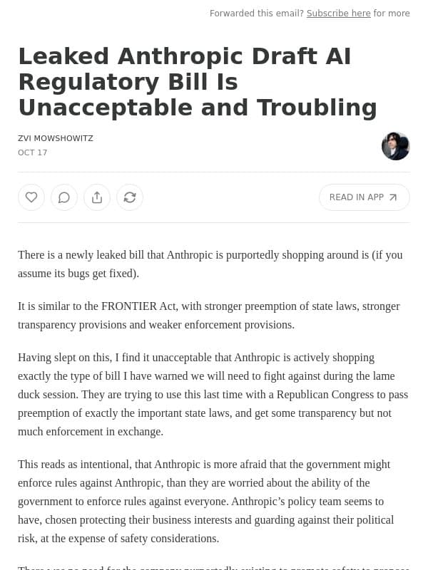 Leaked Anthropic Draft AI Regulatory Bill Is Unacceptable and Troubling email from Zvi Mowshowitz