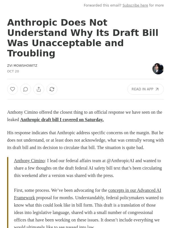 Anthropic Does Not Understand Why Its Draft Bill Was Unacceptable and Troubling email from Zvi Mowshowitz