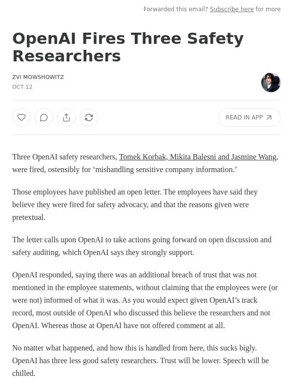 OpenAI Fires Three Safety Researchers email from Zvi Mowshowitz
