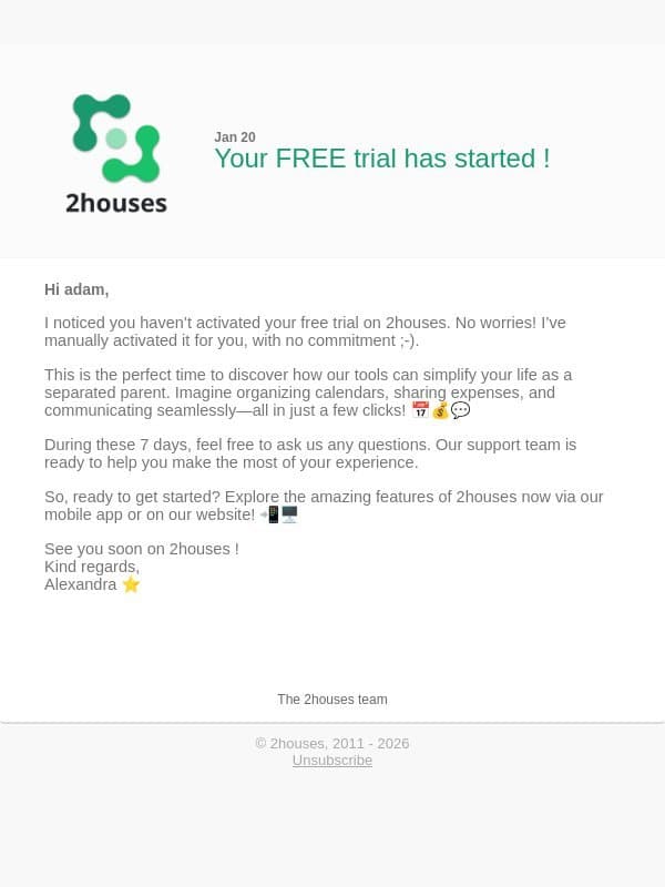 Your FREE trial has started ! email from 2houses