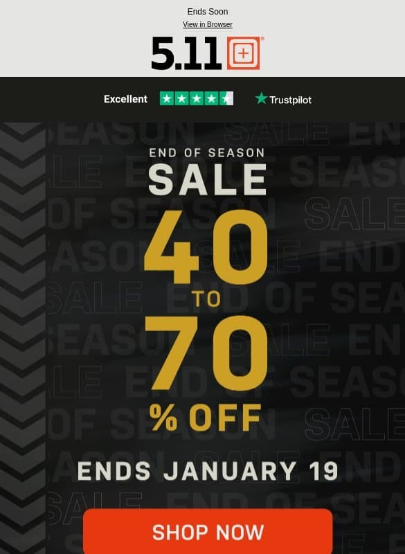 Ending Soon: Up to 70% Off email from 5.11 Tactical