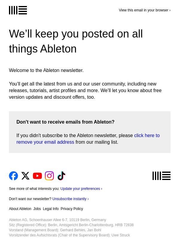 Thanks for subscribing to the Ableton newsletter email from Ableton