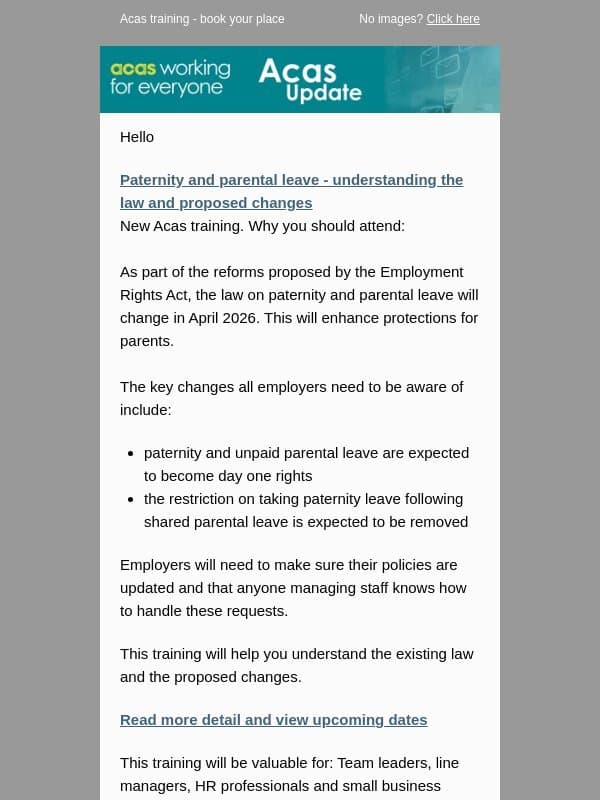 Paternity and parental leave - understanding the law and proposed changes email from ACAS