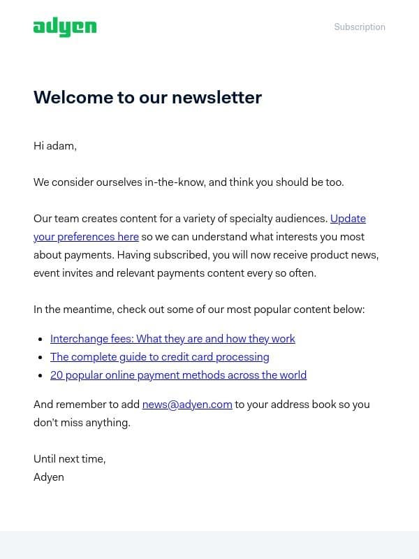 Welcome to Adyen, Let’s take your payments further email from Adyen